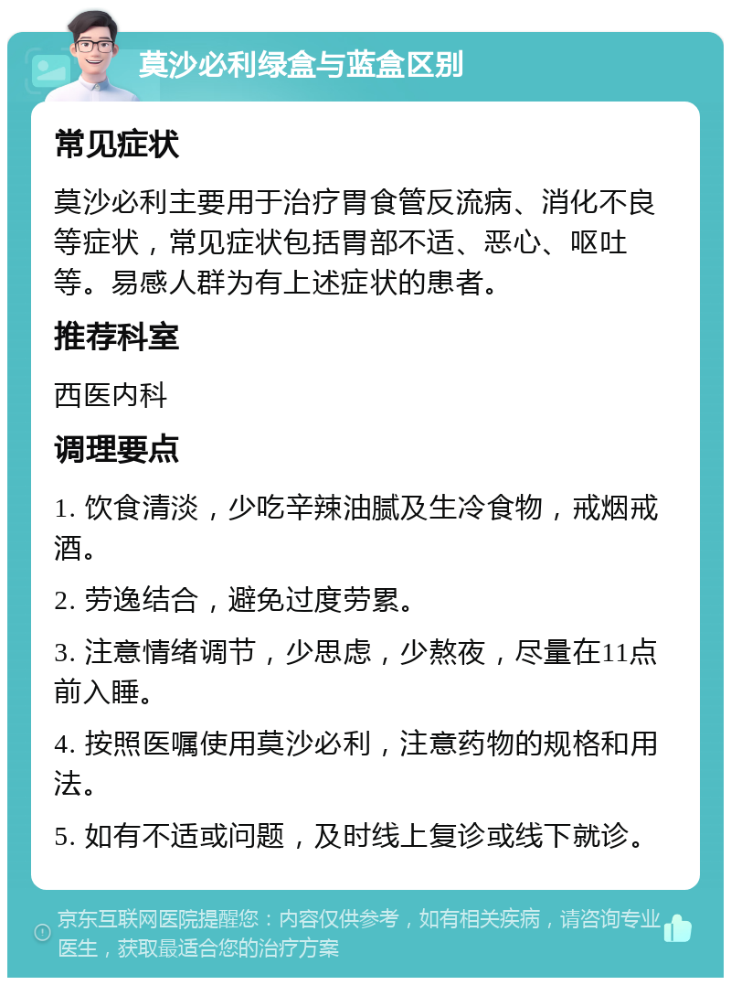 莫沙必利绿盒与蓝盒区别 常见症状 莫沙必利主要用于治疗胃食管反流病、消化不良等症状，常见症状包括胃部不适、恶心、呕吐等。易感人群为有上述症状的患者。 推荐科室 西医内科 调理要点 1. 饮食清淡，少吃辛辣油腻及生冷食物，戒烟戒酒。 2. 劳逸结合，避免过度劳累。 3. 注意情绪调节，少思虑，少熬夜，尽量在11点前入睡。 4. 按照医嘱使用莫沙必利，注意药物的规格和用法。 5. 如有不适或问题，及时线上复诊或线下就诊。