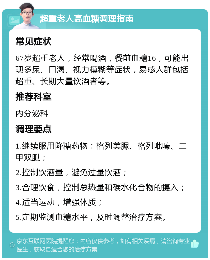 超重老人高血糖调理指南 常见症状 67岁超重老人，经常喝酒，餐前血糖16，可能出现多尿、口渴、视力模糊等症状，易感人群包括超重、长期大量饮酒者等。 推荐科室 内分泌科 调理要点 1.继续服用降糖药物：格列美脲、格列吡嗪、二甲双胍； 2.控制饮酒量，避免过量饮酒； 3.合理饮食，控制总热量和碳水化合物的摄入； 4.适当运动，增强体质； 5.定期监测血糖水平，及时调整治疗方案。