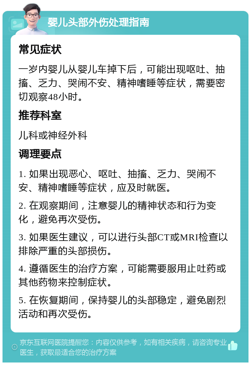 婴儿头部外伤处理指南 常见症状 一岁内婴儿从婴儿车掉下后，可能出现呕吐、抽搐、乏力、哭闹不安、精神嗜睡等症状，需要密切观察48小时。 推荐科室 儿科或神经外科 调理要点 1. 如果出现恶心、呕吐、抽搐、乏力、哭闹不安、精神嗜睡等症状，应及时就医。 2. 在观察期间，注意婴儿的精神状态和行为变化，避免再次受伤。 3. 如果医生建议，可以进行头部CT或MRI检查以排除严重的头部损伤。 4. 遵循医生的治疗方案，可能需要服用止吐药或其他药物来控制症状。 5. 在恢复期间，保持婴儿的头部稳定，避免剧烈活动和再次受伤。