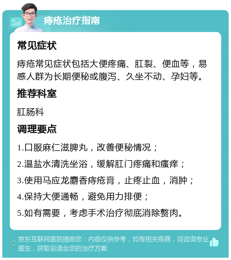 痔疮治疗指南 常见症状 痔疮常见症状包括大便疼痛、肛裂、便血等，易感人群为长期便秘或腹泻、久坐不动、孕妇等。 推荐科室 肛肠科 调理要点 1.口服麻仁滋脾丸，改善便秘情况； 2.温盐水清洗坐浴，缓解肛门疼痛和瘙痒； 3.使用马应龙麝香痔疮膏，止疼止血，消肿； 4.保持大便通畅，避免用力排便； 5.如有需要，考虑手术治疗彻底消除赘肉。