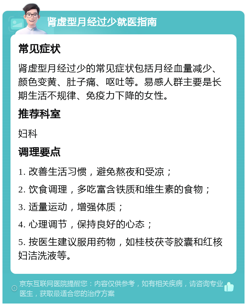 肾虚型月经过少就医指南 常见症状 肾虚型月经过少的常见症状包括月经血量减少、颜色变黄、肚子痛、呕吐等。易感人群主要是长期生活不规律、免疫力下降的女性。 推荐科室 妇科 调理要点 1. 改善生活习惯，避免熬夜和受凉； 2. 饮食调理，多吃富含铁质和维生素的食物； 3. 适量运动，增强体质； 4. 心理调节，保持良好的心态； 5. 按医生建议服用药物，如桂枝茯苓胶囊和红核妇洁洗液等。