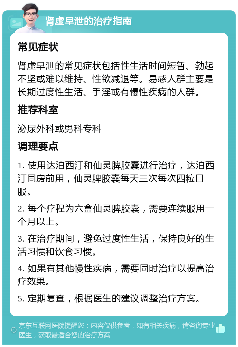 肾虚早泄的治疗指南 常见症状 肾虚早泄的常见症状包括性生活时间短暂、勃起不坚或难以维持、性欲减退等。易感人群主要是长期过度性生活、手淫或有慢性疾病的人群。 推荐科室 泌尿外科或男科专科 调理要点 1. 使用达泊西汀和仙灵脾胶囊进行治疗，达泊西汀同房前用，仙灵脾胶囊每天三次每次四粒口服。 2. 每个疗程为六盒仙灵脾胶囊，需要连续服用一个月以上。 3. 在治疗期间，避免过度性生活，保持良好的生活习惯和饮食习惯。 4. 如果有其他慢性疾病，需要同时治疗以提高治疗效果。 5. 定期复查，根据医生的建议调整治疗方案。