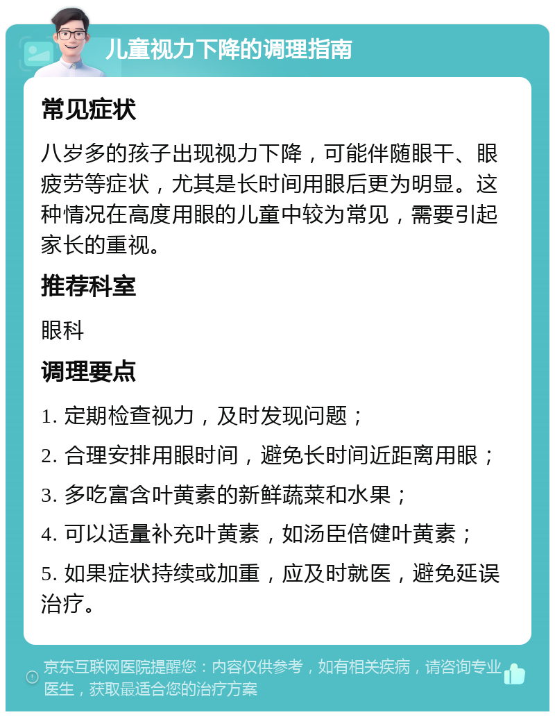 儿童视力下降的调理指南 常见症状 八岁多的孩子出现视力下降，可能伴随眼干、眼疲劳等症状，尤其是长时间用眼后更为明显。这种情况在高度用眼的儿童中较为常见，需要引起家长的重视。 推荐科室 眼科 调理要点 1. 定期检查视力，及时发现问题； 2. 合理安排用眼时间，避免长时间近距离用眼； 3. 多吃富含叶黄素的新鲜蔬菜和水果； 4. 可以适量补充叶黄素，如汤臣倍健叶黄素； 5. 如果症状持续或加重，应及时就医，避免延误治疗。