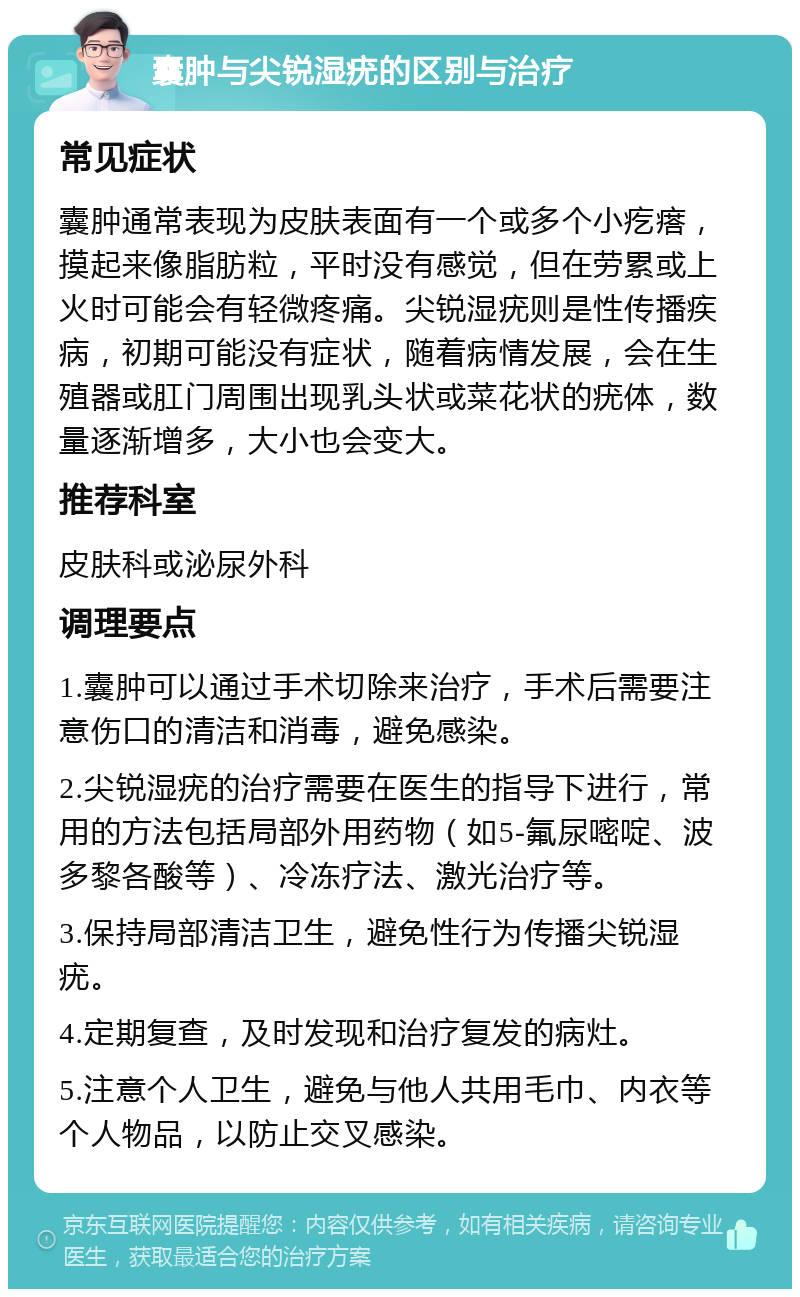 囊肿与尖锐湿疣的区别与治疗 常见症状 囊肿通常表现为皮肤表面有一个或多个小疙瘩，摸起来像脂肪粒，平时没有感觉，但在劳累或上火时可能会有轻微疼痛。尖锐湿疣则是性传播疾病，初期可能没有症状，随着病情发展，会在生殖器或肛门周围出现乳头状或菜花状的疣体，数量逐渐增多，大小也会变大。 推荐科室 皮肤科或泌尿外科 调理要点 1.囊肿可以通过手术切除来治疗，手术后需要注意伤口的清洁和消毒，避免感染。 2.尖锐湿疣的治疗需要在医生的指导下进行，常用的方法包括局部外用药物（如5-氟尿嘧啶、波多黎各酸等）、冷冻疗法、激光治疗等。 3.保持局部清洁卫生，避免性行为传播尖锐湿疣。 4.定期复查，及时发现和治疗复发的病灶。 5.注意个人卫生，避免与他人共用毛巾、内衣等个人物品，以防止交叉感染。