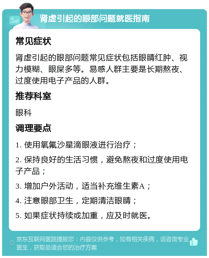 肾虚引起的眼部问题就医指南 常见症状 肾虚引起的眼部问题常见症状包括眼睛红肿、视力模糊、眼屎多等。易感人群主要是长期熬夜、过度使用电子产品的人群。 推荐科室 眼科 调理要点 1. 使用氧氟沙星滴眼液进行治疗； 2. 保持良好的生活习惯，避免熬夜和过度使用电子产品； 3. 增加户外活动，适当补充维生素A； 4. 注意眼部卫生，定期清洁眼睛； 5. 如果症状持续或加重，应及时就医。