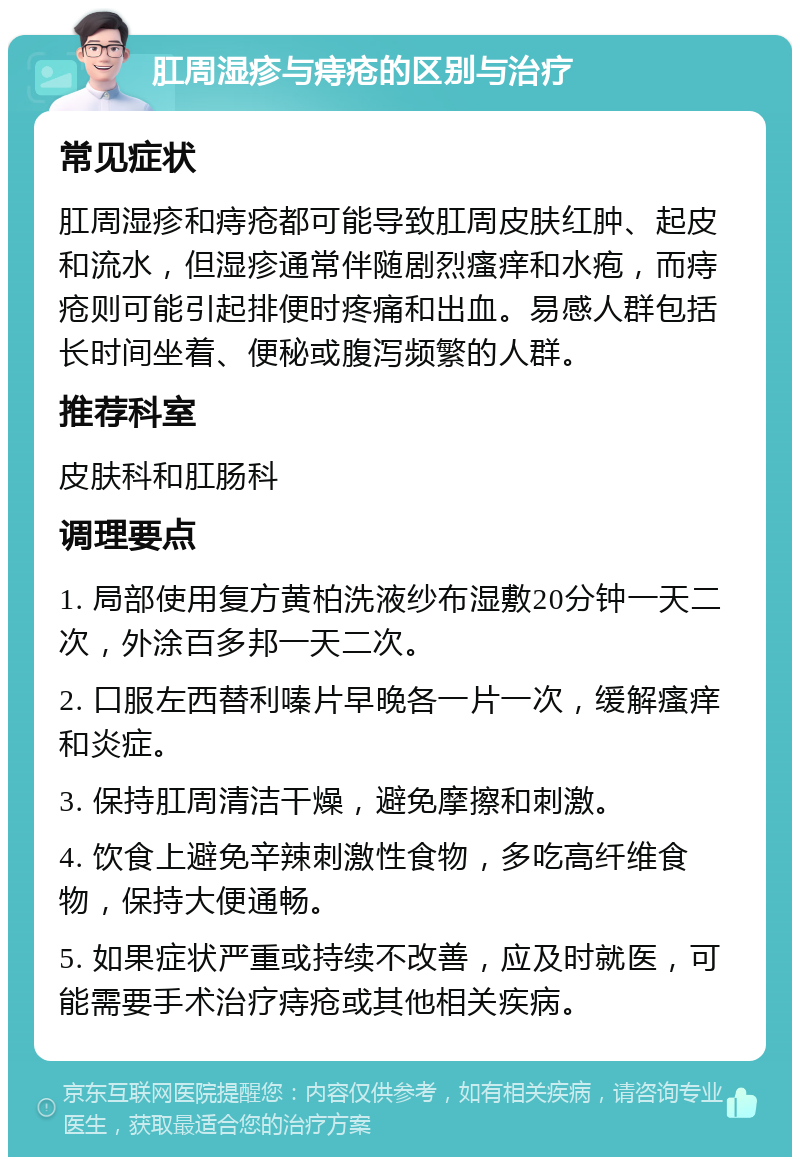 肛周湿疹与痔疮的区别与治疗 常见症状 肛周湿疹和痔疮都可能导致肛周皮肤红肿、起皮和流水，但湿疹通常伴随剧烈瘙痒和水疱，而痔疮则可能引起排便时疼痛和出血。易感人群包括长时间坐着、便秘或腹泻频繁的人群。 推荐科室 皮肤科和肛肠科 调理要点 1. 局部使用复方黄柏洗液纱布湿敷20分钟一天二次，外涂百多邦一天二次。 2. 口服左西替利嗪片早晚各一片一次，缓解瘙痒和炎症。 3. 保持肛周清洁干燥，避免摩擦和刺激。 4. 饮食上避免辛辣刺激性食物，多吃高纤维食物，保持大便通畅。 5. 如果症状严重或持续不改善，应及时就医，可能需要手术治疗痔疮或其他相关疾病。