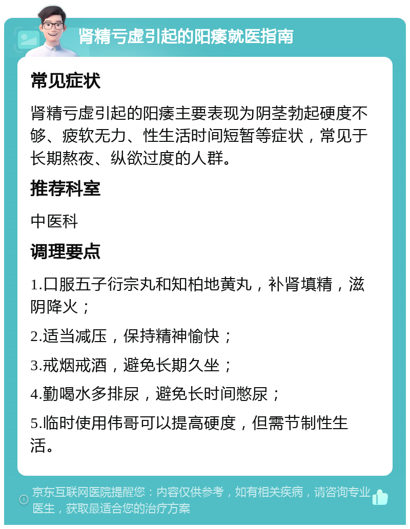 肾精亏虚引起的阳痿就医指南 常见症状 肾精亏虚引起的阳痿主要表现为阴茎勃起硬度不够、疲软无力、性生活时间短暂等症状，常见于长期熬夜、纵欲过度的人群。 推荐科室 中医科 调理要点 1.口服五子衍宗丸和知柏地黄丸，补肾填精，滋阴降火； 2.适当减压，保持精神愉快； 3.戒烟戒酒，避免长期久坐； 4.勤喝水多排尿，避免长时间憋尿； 5.临时使用伟哥可以提高硬度，但需节制性生活。