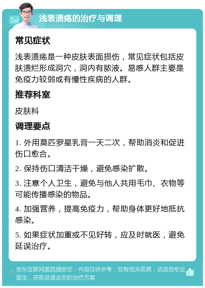 浅表溃疡的治疗与调理 常见症状 浅表溃疡是一种皮肤表面损伤，常见症状包括皮肤溃烂形成洞穴，洞内有脓液。易感人群主要是免疫力较弱或有慢性疾病的人群。 推荐科室 皮肤科 调理要点 1. 外用莫匹罗星乳膏一天二次，帮助消炎和促进伤口愈合。 2. 保持伤口清洁干燥，避免感染扩散。 3. 注意个人卫生，避免与他人共用毛巾、衣物等可能传播感染的物品。 4. 加强营养，提高免疫力，帮助身体更好地抵抗感染。 5. 如果症状加重或不见好转，应及时就医，避免延误治疗。