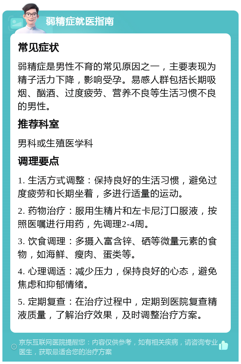 弱精症就医指南 常见症状 弱精症是男性不育的常见原因之一，主要表现为精子活力下降，影响受孕。易感人群包括长期吸烟、酗酒、过度疲劳、营养不良等生活习惯不良的男性。 推荐科室 男科或生殖医学科 调理要点 1. 生活方式调整：保持良好的生活习惯，避免过度疲劳和长期坐着，多进行适量的运动。 2. 药物治疗：服用生精片和左卡尼汀口服液，按照医嘱进行用药，先调理2-4周。 3. 饮食调理：多摄入富含锌、硒等微量元素的食物，如海鲜、瘦肉、蛋类等。 4. 心理调适：减少压力，保持良好的心态，避免焦虑和抑郁情绪。 5. 定期复查：在治疗过程中，定期到医院复查精液质量，了解治疗效果，及时调整治疗方案。