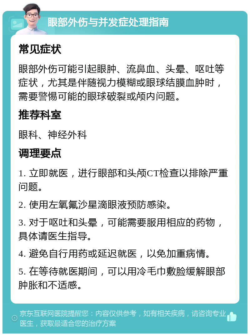 眼部外伤与并发症处理指南 常见症状 眼部外伤可能引起眼肿、流鼻血、头晕、呕吐等症状，尤其是伴随视力模糊或眼球结膜血肿时，需要警惕可能的眼球破裂或颅内问题。 推荐科室 眼科、神经外科 调理要点 1. 立即就医，进行眼部和头颅CT检查以排除严重问题。 2. 使用左氧氟沙星滴眼液预防感染。 3. 对于呕吐和头晕，可能需要服用相应的药物，具体请医生指导。 4. 避免自行用药或延迟就医，以免加重病情。 5. 在等待就医期间，可以用冷毛巾敷脸缓解眼部肿胀和不适感。