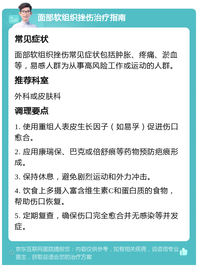 面部软组织挫伤治疗指南 常见症状 面部软组织挫伤常见症状包括肿胀、疼痛、淤血等，易感人群为从事高风险工作或运动的人群。 推荐科室 外科或皮肤科 调理要点 1. 使用重组人表皮生长因子（如易孚）促进伤口愈合。 2. 应用康瑞保、巴克或倍舒痕等药物预防疤痕形成。 3. 保持休息，避免剧烈运动和外力冲击。 4. 饮食上多摄入富含维生素C和蛋白质的食物，帮助伤口恢复。 5. 定期复查，确保伤口完全愈合并无感染等并发症。