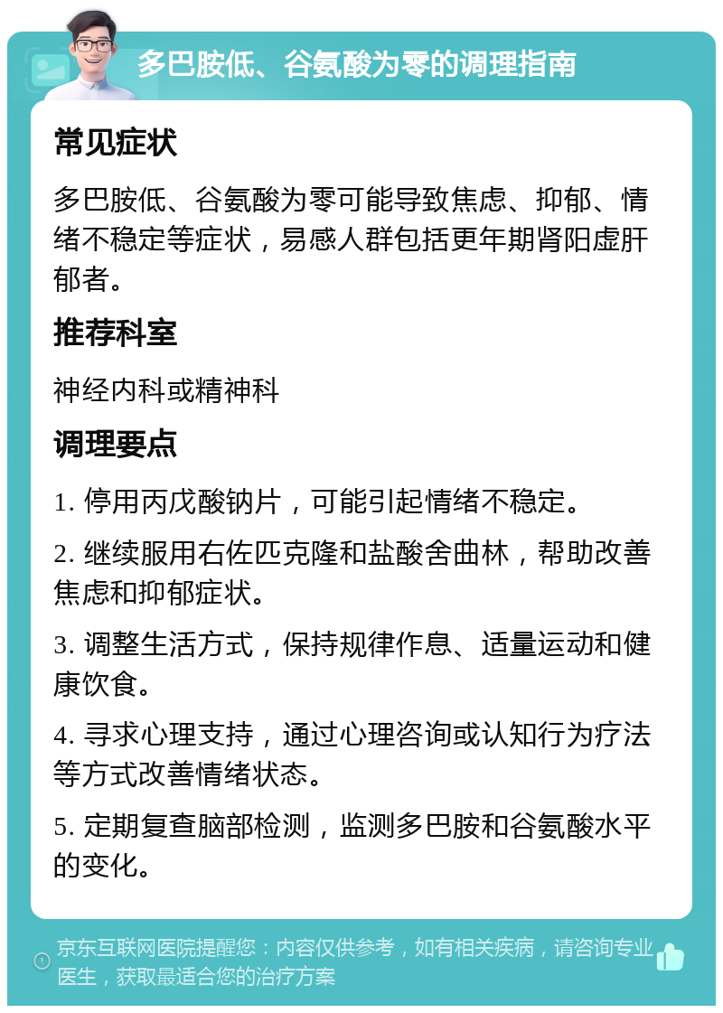 多巴胺低、谷氨酸为零的调理指南 常见症状 多巴胺低、谷氨酸为零可能导致焦虑、抑郁、情绪不稳定等症状，易感人群包括更年期肾阳虚肝郁者。 推荐科室 神经内科或精神科 调理要点 1. 停用丙戊酸钠片，可能引起情绪不稳定。 2. 继续服用右佐匹克隆和盐酸舍曲林，帮助改善焦虑和抑郁症状。 3. 调整生活方式，保持规律作息、适量运动和健康饮食。 4. 寻求心理支持，通过心理咨询或认知行为疗法等方式改善情绪状态。 5. 定期复查脑部检测，监测多巴胺和谷氨酸水平的变化。