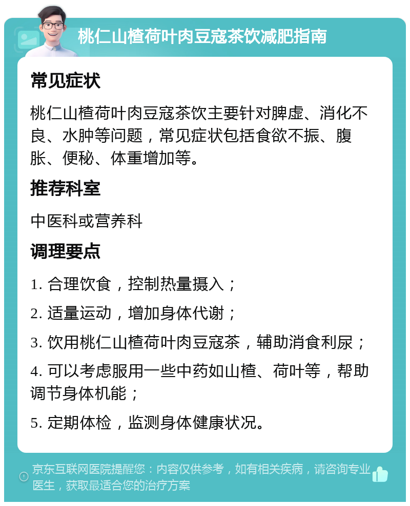 桃仁山楂荷叶肉豆寇茶饮减肥指南 常见症状 桃仁山楂荷叶肉豆寇茶饮主要针对脾虚、消化不良、水肿等问题，常见症状包括食欲不振、腹胀、便秘、体重增加等。 推荐科室 中医科或营养科 调理要点 1. 合理饮食，控制热量摄入； 2. 适量运动，增加身体代谢； 3. 饮用桃仁山楂荷叶肉豆寇茶，辅助消食利尿； 4. 可以考虑服用一些中药如山楂、荷叶等，帮助调节身体机能； 5. 定期体检，监测身体健康状况。