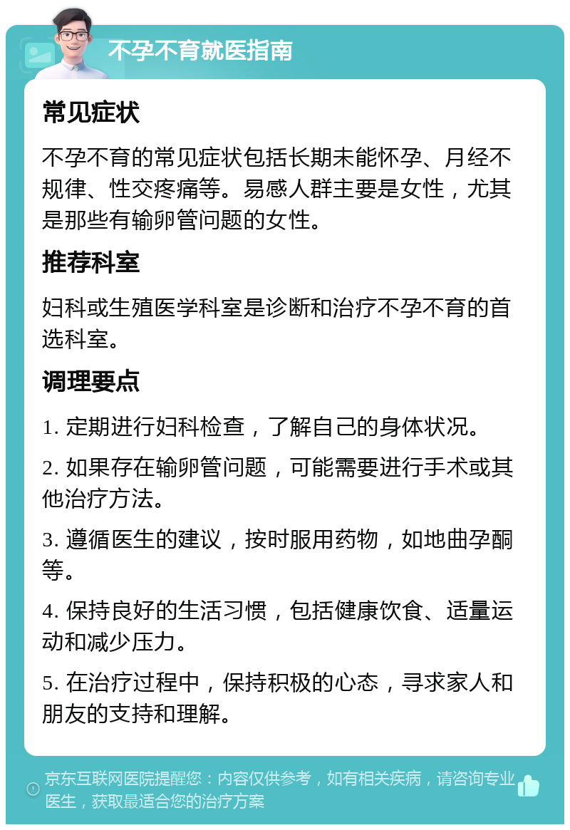 不孕不育就医指南 常见症状 不孕不育的常见症状包括长期未能怀孕、月经不规律、性交疼痛等。易感人群主要是女性，尤其是那些有输卵管问题的女性。 推荐科室 妇科或生殖医学科室是诊断和治疗不孕不育的首选科室。 调理要点 1. 定期进行妇科检查，了解自己的身体状况。 2. 如果存在输卵管问题，可能需要进行手术或其他治疗方法。 3. 遵循医生的建议，按时服用药物，如地曲孕酮等。 4. 保持良好的生活习惯，包括健康饮食、适量运动和减少压力。 5. 在治疗过程中，保持积极的心态，寻求家人和朋友的支持和理解。