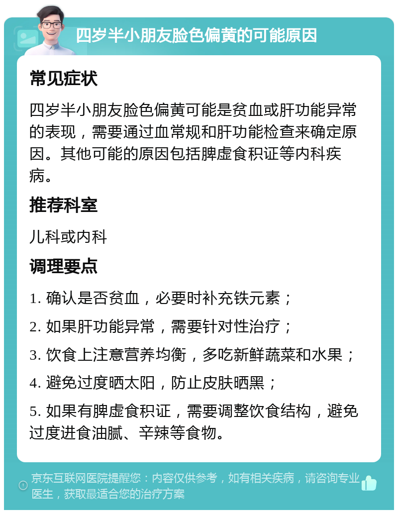 四岁半小朋友脸色偏黄的可能原因 常见症状 四岁半小朋友脸色偏黄可能是贫血或肝功能异常的表现，需要通过血常规和肝功能检查来确定原因。其他可能的原因包括脾虚食积证等内科疾病。 推荐科室 儿科或内科 调理要点 1. 确认是否贫血，必要时补充铁元素； 2. 如果肝功能异常，需要针对性治疗； 3. 饮食上注意营养均衡，多吃新鲜蔬菜和水果； 4. 避免过度晒太阳，防止皮肤晒黑； 5. 如果有脾虚食积证，需要调整饮食结构，避免过度进食油腻、辛辣等食物。