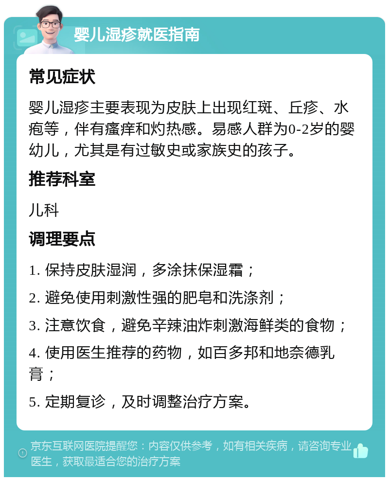 婴儿湿疹就医指南 常见症状 婴儿湿疹主要表现为皮肤上出现红斑、丘疹、水疱等，伴有瘙痒和灼热感。易感人群为0-2岁的婴幼儿，尤其是有过敏史或家族史的孩子。 推荐科室 儿科 调理要点 1. 保持皮肤湿润，多涂抹保湿霜； 2. 避免使用刺激性强的肥皂和洗涤剂； 3. 注意饮食，避免辛辣油炸刺激海鲜类的食物； 4. 使用医生推荐的药物，如百多邦和地奈德乳膏； 5. 定期复诊，及时调整治疗方案。