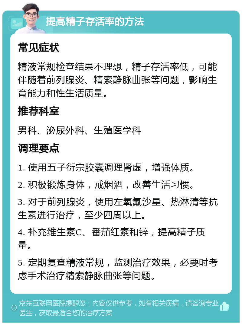 提高精子存活率的方法 常见症状 精液常规检查结果不理想，精子存活率低，可能伴随着前列腺炎、精索静脉曲张等问题，影响生育能力和性生活质量。 推荐科室 男科、泌尿外科、生殖医学科 调理要点 1. 使用五子衍宗胶囊调理肾虚，增强体质。 2. 积极锻炼身体，戒烟酒，改善生活习惯。 3. 对于前列腺炎，使用左氧氟沙星、热淋清等抗生素进行治疗，至少四周以上。 4. 补充维生素C、番茄红素和锌，提高精子质量。 5. 定期复查精液常规，监测治疗效果，必要时考虑手术治疗精索静脉曲张等问题。