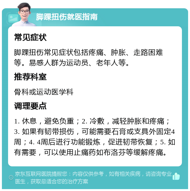 脚踝扭伤就医指南 常见症状 脚踝扭伤常见症状包括疼痛、肿胀、走路困难等。易感人群为运动员、老年人等。 推荐科室 骨科或运动医学科 调理要点 1. 休息，避免负重；2. 冷敷，减轻肿胀和疼痛；3. 如果有韧带损伤，可能需要石膏或支具外固定4周；4. 4周后进行功能锻炼，促进韧带恢复；5. 如有需要，可以使用止痛药如布洛芬等缓解疼痛。