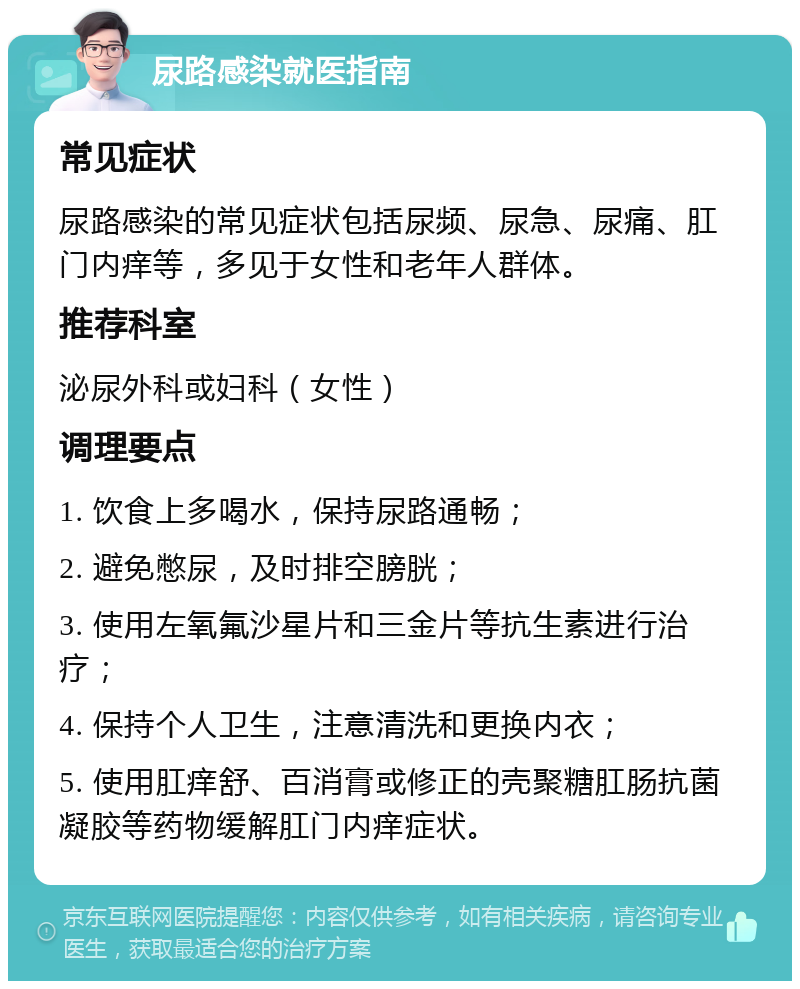 尿路感染就医指南 常见症状 尿路感染的常见症状包括尿频、尿急、尿痛、肛门内痒等，多见于女性和老年人群体。 推荐科室 泌尿外科或妇科（女性） 调理要点 1. 饮食上多喝水，保持尿路通畅； 2. 避免憋尿，及时排空膀胱； 3. 使用左氧氟沙星片和三金片等抗生素进行治疗； 4. 保持个人卫生，注意清洗和更换内衣； 5. 使用肛痒舒、百消膏或修正的壳聚糖肛肠抗菌凝胶等药物缓解肛门内痒症状。