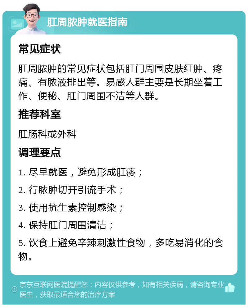 肛周脓肿就医指南 常见症状 肛周脓肿的常见症状包括肛门周围皮肤红肿、疼痛、有脓液排出等。易感人群主要是长期坐着工作、便秘、肛门周围不洁等人群。 推荐科室 肛肠科或外科 调理要点 1. 尽早就医，避免形成肛瘘； 2. 行脓肿切开引流手术； 3. 使用抗生素控制感染； 4. 保持肛门周围清洁； 5. 饮食上避免辛辣刺激性食物，多吃易消化的食物。