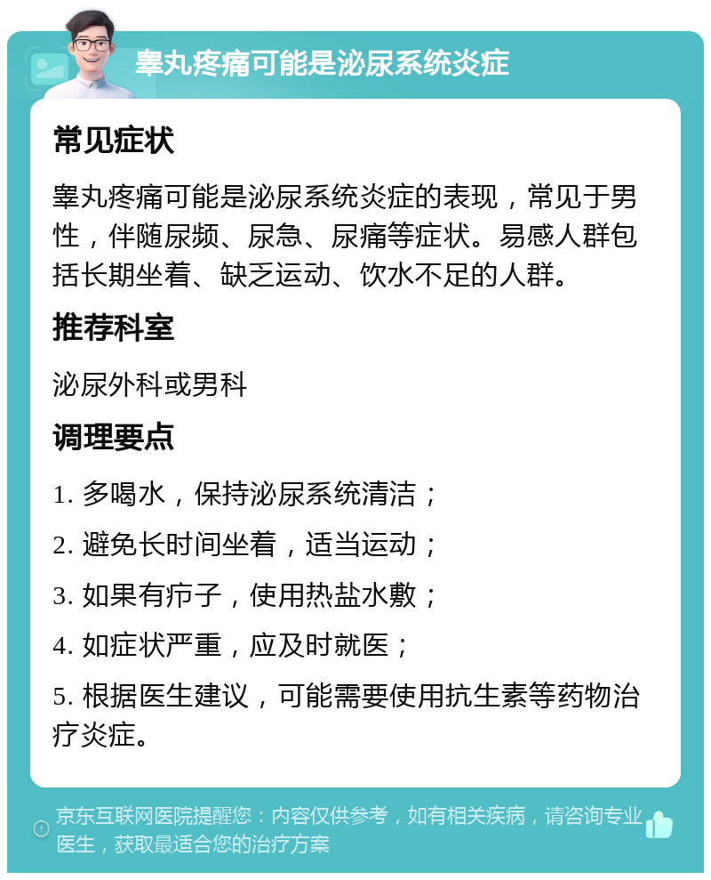 睾丸疼痛可能是泌尿系统炎症 常见症状 睾丸疼痛可能是泌尿系统炎症的表现，常见于男性，伴随尿频、尿急、尿痛等症状。易感人群包括长期坐着、缺乏运动、饮水不足的人群。 推荐科室 泌尿外科或男科 调理要点 1. 多喝水，保持泌尿系统清洁； 2. 避免长时间坐着，适当运动； 3. 如果有疖子，使用热盐水敷； 4. 如症状严重，应及时就医； 5. 根据医生建议，可能需要使用抗生素等药物治疗炎症。