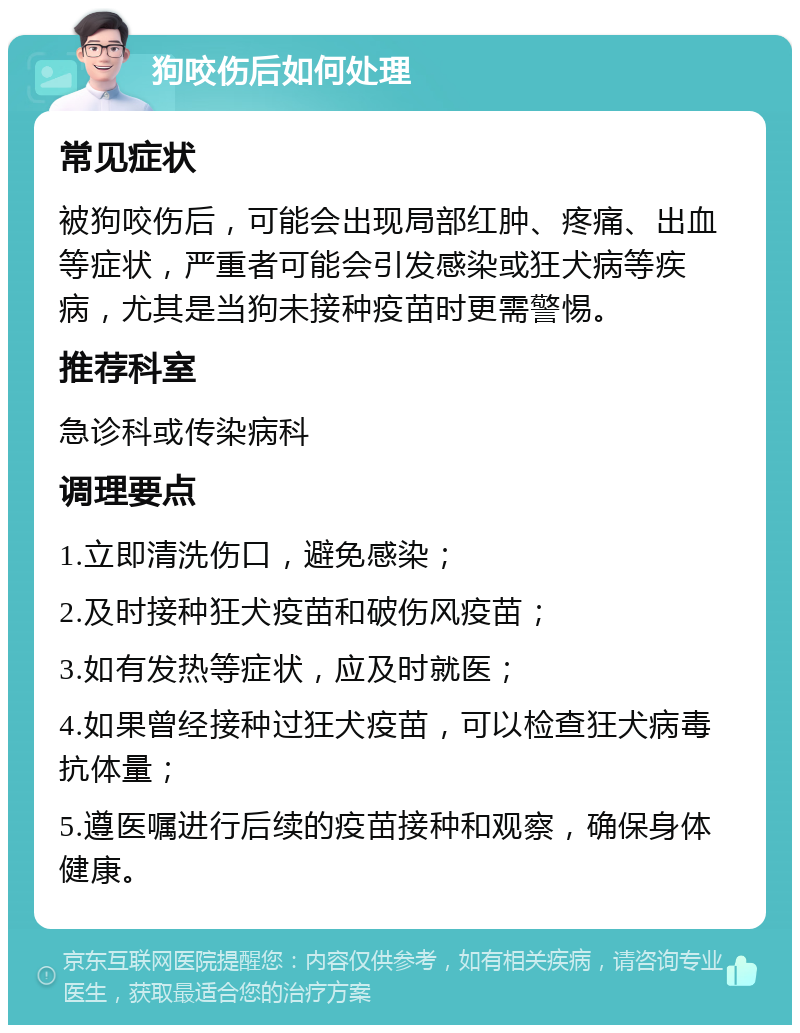 狗咬伤后如何处理 常见症状 被狗咬伤后，可能会出现局部红肿、疼痛、出血等症状，严重者可能会引发感染或狂犬病等疾病，尤其是当狗未接种疫苗时更需警惕。 推荐科室 急诊科或传染病科 调理要点 1.立即清洗伤口，避免感染； 2.及时接种狂犬疫苗和破伤风疫苗； 3.如有发热等症状，应及时就医； 4.如果曾经接种过狂犬疫苗，可以检查狂犬病毒抗体量； 5.遵医嘱进行后续的疫苗接种和观察，确保身体健康。