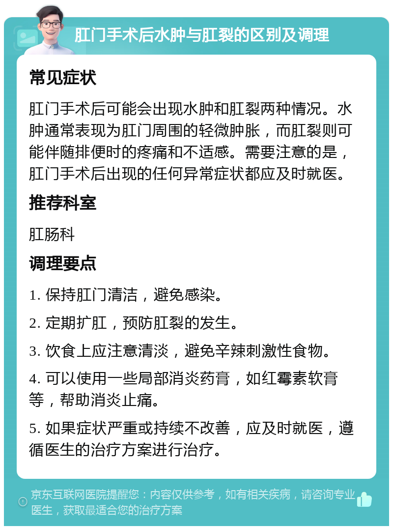 肛门手术后水肿与肛裂的区别及调理 常见症状 肛门手术后可能会出现水肿和肛裂两种情况。水肿通常表现为肛门周围的轻微肿胀，而肛裂则可能伴随排便时的疼痛和不适感。需要注意的是，肛门手术后出现的任何异常症状都应及时就医。 推荐科室 肛肠科 调理要点 1. 保持肛门清洁，避免感染。 2. 定期扩肛，预防肛裂的发生。 3. 饮食上应注意清淡，避免辛辣刺激性食物。 4. 可以使用一些局部消炎药膏，如红霉素软膏等，帮助消炎止痛。 5. 如果症状严重或持续不改善，应及时就医，遵循医生的治疗方案进行治疗。