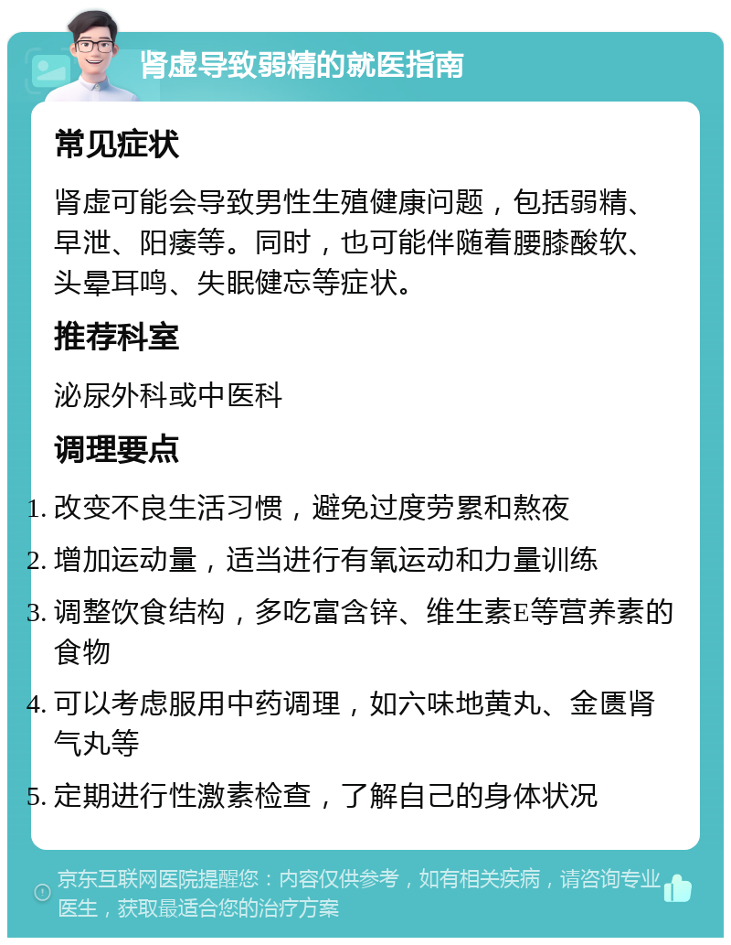 肾虚导致弱精的就医指南 常见症状 肾虚可能会导致男性生殖健康问题，包括弱精、早泄、阳痿等。同时，也可能伴随着腰膝酸软、头晕耳鸣、失眠健忘等症状。 推荐科室 泌尿外科或中医科 调理要点 改变不良生活习惯，避免过度劳累和熬夜 增加运动量，适当进行有氧运动和力量训练 调整饮食结构，多吃富含锌、维生素E等营养素的食物 可以考虑服用中药调理，如六味地黄丸、金匮肾气丸等 定期进行性激素检查，了解自己的身体状况