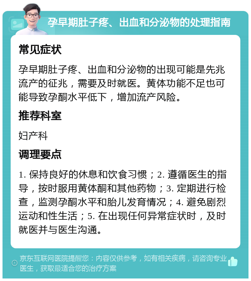 孕早期肚子疼、出血和分泌物的处理指南 常见症状 孕早期肚子疼、出血和分泌物的出现可能是先兆流产的征兆，需要及时就医。黄体功能不足也可能导致孕酮水平低下，增加流产风险。 推荐科室 妇产科 调理要点 1. 保持良好的休息和饮食习惯；2. 遵循医生的指导，按时服用黄体酮和其他药物；3. 定期进行检查，监测孕酮水平和胎儿发育情况；4. 避免剧烈运动和性生活；5. 在出现任何异常症状时，及时就医并与医生沟通。