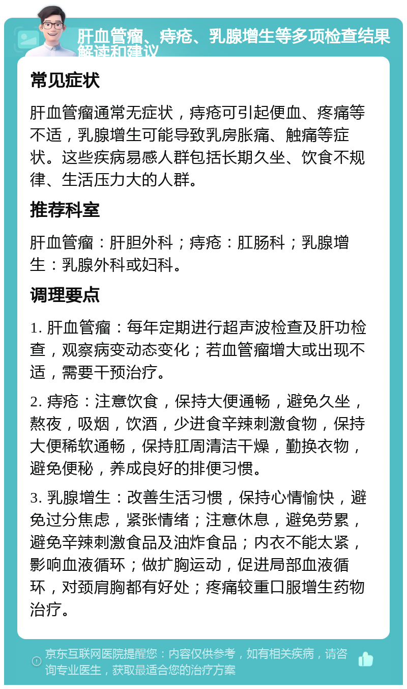 肝血管瘤、痔疮、乳腺增生等多项检查结果解读和建议 常见症状 肝血管瘤通常无症状，痔疮可引起便血、疼痛等不适，乳腺增生可能导致乳房胀痛、触痛等症状。这些疾病易感人群包括长期久坐、饮食不规律、生活压力大的人群。 推荐科室 肝血管瘤：肝胆外科；痔疮：肛肠科；乳腺增生：乳腺外科或妇科。 调理要点 1. 肝血管瘤：每年定期进行超声波检查及肝功检查，观察病变动态变化；若血管瘤增大或出现不适，需要干预治疗。 2. 痔疮：注意饮食，保持大便通畅，避免久坐，熬夜，吸烟，饮酒，少进食辛辣刺激食物，保持大便稀软通畅，保持肛周清洁干燥，勤换衣物，避免便秘，养成良好的排便习惯。 3. 乳腺增生：改善生活习惯，保持心情愉快，避免过分焦虑，紧张情绪；注意休息，避免劳累，避免辛辣刺激食品及油炸食品；内衣不能太紧，影响血液循环；做扩胸运动，促进局部血液循环，对颈肩胸都有好处；疼痛较重口服增生药物治疗。