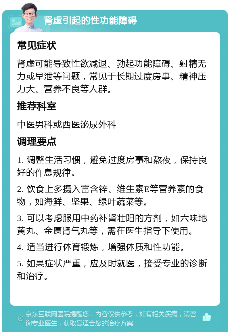 肾虚引起的性功能障碍 常见症状 肾虚可能导致性欲减退、勃起功能障碍、射精无力或早泄等问题，常见于长期过度房事、精神压力大、营养不良等人群。 推荐科室 中医男科或西医泌尿外科 调理要点 1. 调整生活习惯，避免过度房事和熬夜，保持良好的作息规律。 2. 饮食上多摄入富含锌、维生素E等营养素的食物，如海鲜、坚果、绿叶蔬菜等。 3. 可以考虑服用中药补肾壮阳的方剂，如六味地黄丸、金匮肾气丸等，需在医生指导下使用。 4. 适当进行体育锻炼，增强体质和性功能。 5. 如果症状严重，应及时就医，接受专业的诊断和治疗。