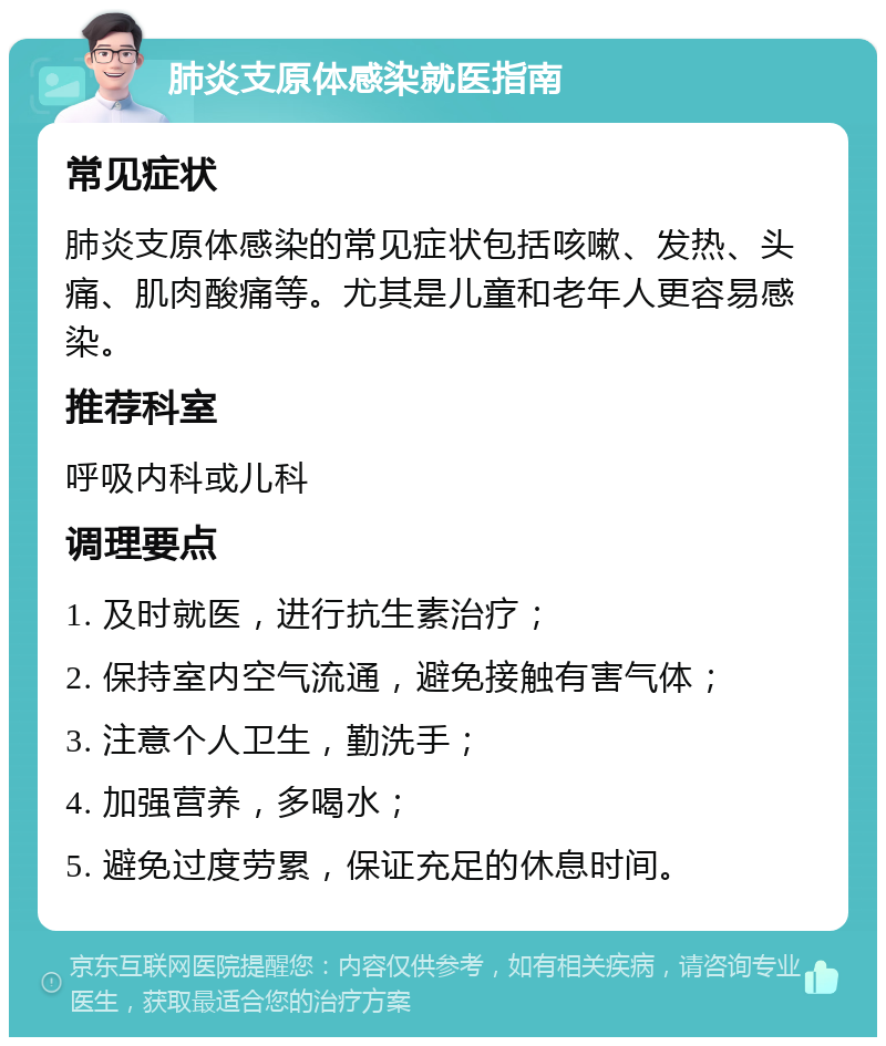 肺炎支原体感染就医指南 常见症状 肺炎支原体感染的常见症状包括咳嗽、发热、头痛、肌肉酸痛等。尤其是儿童和老年人更容易感染。 推荐科室 呼吸内科或儿科 调理要点 1. 及时就医，进行抗生素治疗； 2. 保持室内空气流通，避免接触有害气体； 3. 注意个人卫生，勤洗手； 4. 加强营养，多喝水； 5. 避免过度劳累，保证充足的休息时间。