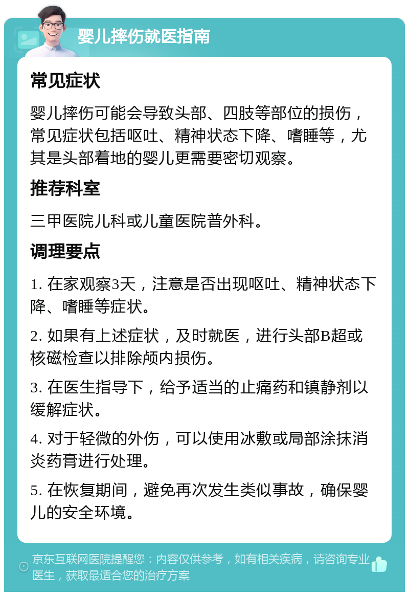 婴儿摔伤就医指南 常见症状 婴儿摔伤可能会导致头部、四肢等部位的损伤，常见症状包括呕吐、精神状态下降、嗜睡等，尤其是头部着地的婴儿更需要密切观察。 推荐科室 三甲医院儿科或儿童医院普外科。 调理要点 1. 在家观察3天，注意是否出现呕吐、精神状态下降、嗜睡等症状。 2. 如果有上述症状，及时就医，进行头部B超或核磁检查以排除颅内损伤。 3. 在医生指导下，给予适当的止痛药和镇静剂以缓解症状。 4. 对于轻微的外伤，可以使用冰敷或局部涂抹消炎药膏进行处理。 5. 在恢复期间，避免再次发生类似事故，确保婴儿的安全环境。