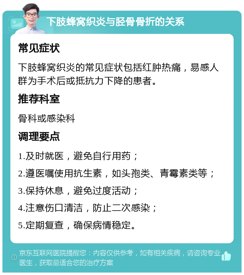 下肢蜂窝织炎与胫骨骨折的关系 常见症状 下肢蜂窝织炎的常见症状包括红肿热痛，易感人群为手术后或抵抗力下降的患者。 推荐科室 骨科或感染科 调理要点 1.及时就医，避免自行用药； 2.遵医嘱使用抗生素，如头孢类、青霉素类等； 3.保持休息，避免过度活动； 4.注意伤口清洁，防止二次感染； 5.定期复查，确保病情稳定。