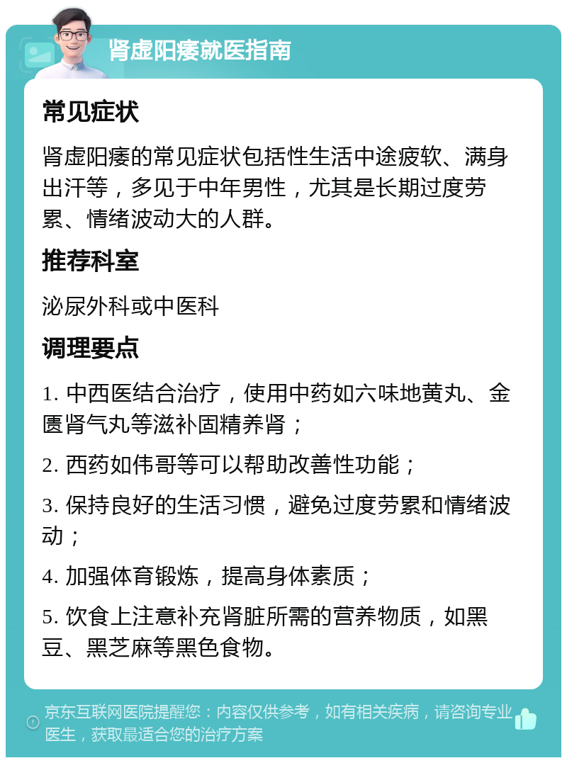 肾虚阳痿就医指南 常见症状 肾虚阳痿的常见症状包括性生活中途疲软、满身出汗等，多见于中年男性，尤其是长期过度劳累、情绪波动大的人群。 推荐科室 泌尿外科或中医科 调理要点 1. 中西医结合治疗，使用中药如六味地黄丸、金匮肾气丸等滋补固精养肾； 2. 西药如伟哥等可以帮助改善性功能； 3. 保持良好的生活习惯，避免过度劳累和情绪波动； 4. 加强体育锻炼，提高身体素质； 5. 饮食上注意补充肾脏所需的营养物质，如黑豆、黑芝麻等黑色食物。