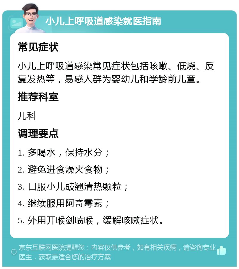 小儿上呼吸道感染就医指南 常见症状 小儿上呼吸道感染常见症状包括咳嗽、低烧、反复发热等，易感人群为婴幼儿和学龄前儿童。 推荐科室 儿科 调理要点 1. 多喝水，保持水分； 2. 避免进食燥火食物； 3. 口服小儿豉翘清热颗粒； 4. 继续服用阿奇霉素； 5. 外用开喉剑喷喉，缓解咳嗽症状。