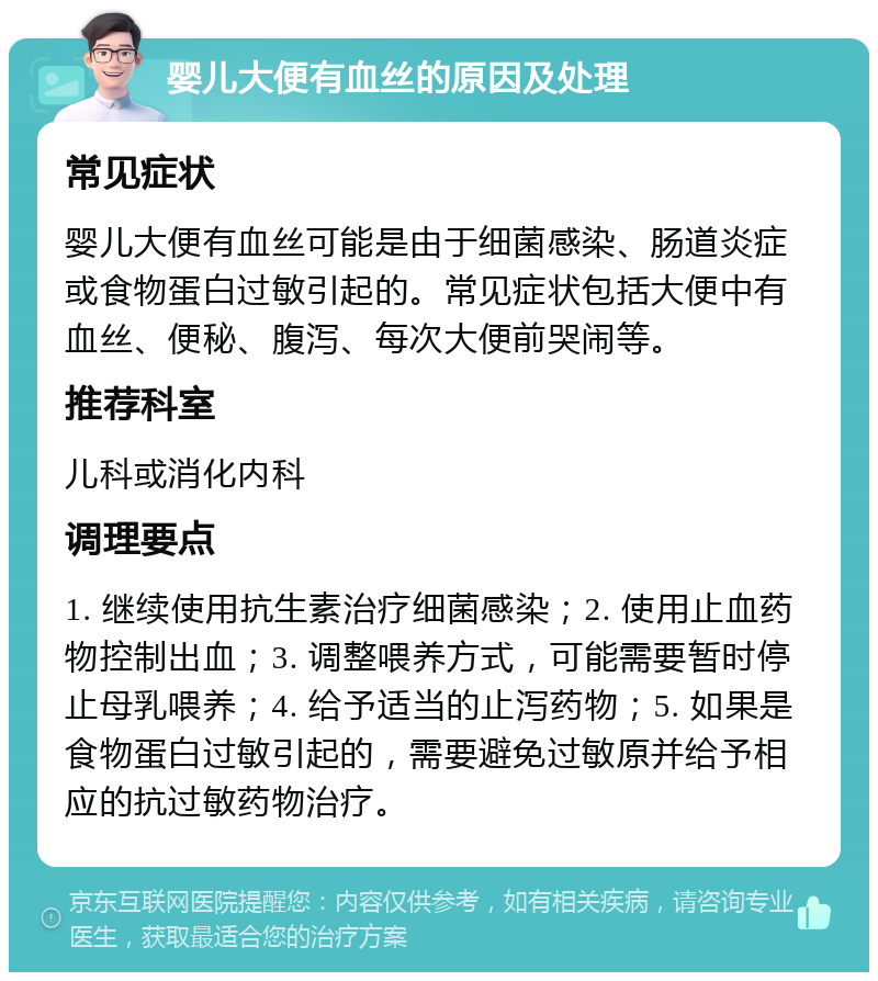 婴儿大便有血丝的原因及处理 常见症状 婴儿大便有血丝可能是由于细菌感染、肠道炎症或食物蛋白过敏引起的。常见症状包括大便中有血丝、便秘、腹泻、每次大便前哭闹等。 推荐科室 儿科或消化内科 调理要点 1. 继续使用抗生素治疗细菌感染；2. 使用止血药物控制出血；3. 调整喂养方式，可能需要暂时停止母乳喂养；4. 给予适当的止泻药物；5. 如果是食物蛋白过敏引起的，需要避免过敏原并给予相应的抗过敏药物治疗。