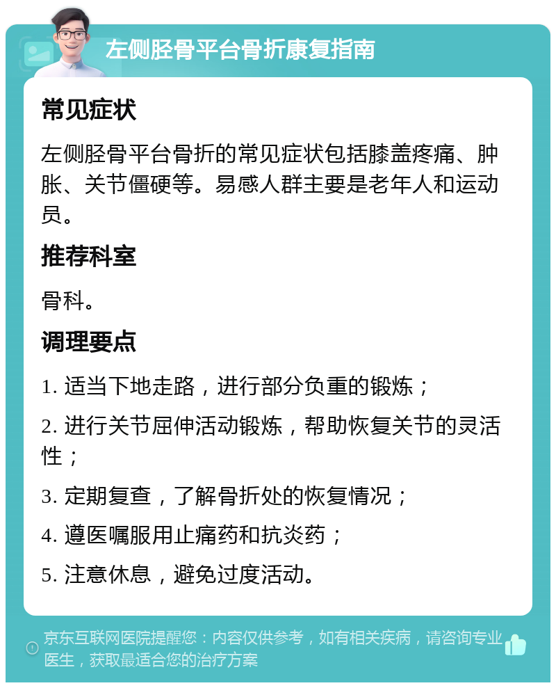 左侧胫骨平台骨折康复指南 常见症状 左侧胫骨平台骨折的常见症状包括膝盖疼痛、肿胀、关节僵硬等。易感人群主要是老年人和运动员。 推荐科室 骨科。 调理要点 1. 适当下地走路，进行部分负重的锻炼； 2. 进行关节屈伸活动锻炼，帮助恢复关节的灵活性； 3. 定期复查，了解骨折处的恢复情况； 4. 遵医嘱服用止痛药和抗炎药； 5. 注意休息，避免过度活动。