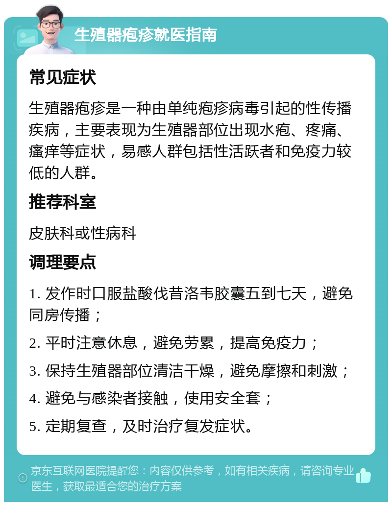 生殖器疱疹就医指南 常见症状 生殖器疱疹是一种由单纯疱疹病毒引起的性传播疾病，主要表现为生殖器部位出现水疱、疼痛、瘙痒等症状，易感人群包括性活跃者和免疫力较低的人群。 推荐科室 皮肤科或性病科 调理要点 1. 发作时口服盐酸伐昔洛韦胶囊五到七天，避免同房传播； 2. 平时注意休息，避免劳累，提高免疫力； 3. 保持生殖器部位清洁干燥，避免摩擦和刺激； 4. 避免与感染者接触，使用安全套； 5. 定期复查，及时治疗复发症状。