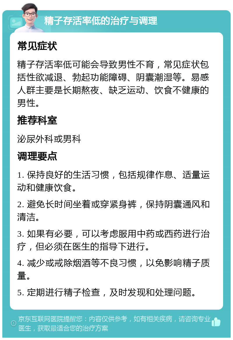 精子存活率低的治疗与调理 常见症状 精子存活率低可能会导致男性不育，常见症状包括性欲减退、勃起功能障碍、阴囊潮湿等。易感人群主要是长期熬夜、缺乏运动、饮食不健康的男性。 推荐科室 泌尿外科或男科 调理要点 1. 保持良好的生活习惯，包括规律作息、适量运动和健康饮食。 2. 避免长时间坐着或穿紧身裤，保持阴囊通风和清洁。 3. 如果有必要，可以考虑服用中药或西药进行治疗，但必须在医生的指导下进行。 4. 减少或戒除烟酒等不良习惯，以免影响精子质量。 5. 定期进行精子检查，及时发现和处理问题。