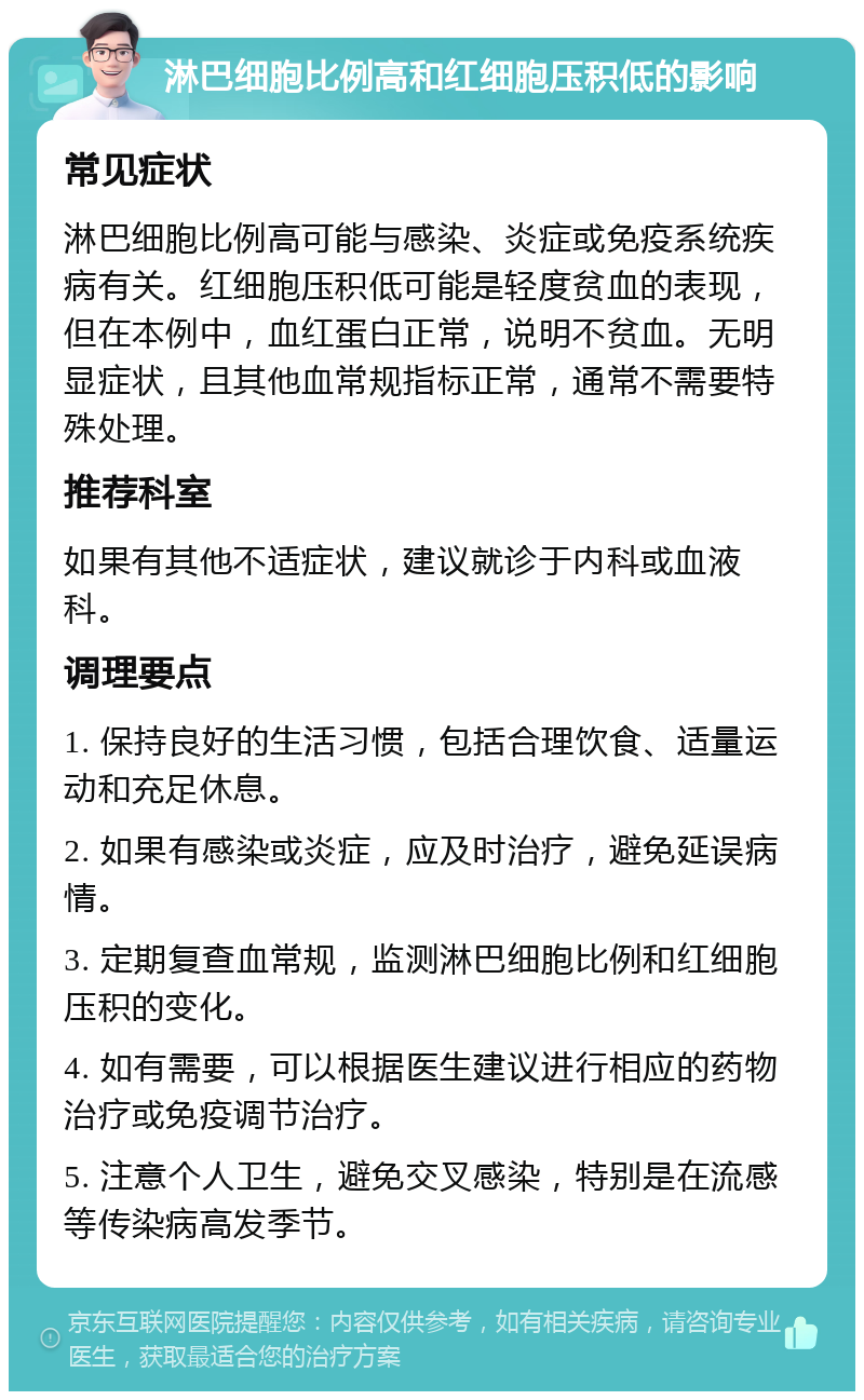 淋巴细胞比例高和红细胞压积低的影响 常见症状 淋巴细胞比例高可能与感染、炎症或免疫系统疾病有关。红细胞压积低可能是轻度贫血的表现，但在本例中，血红蛋白正常，说明不贫血。无明显症状，且其他血常规指标正常，通常不需要特殊处理。 推荐科室 如果有其他不适症状，建议就诊于内科或血液科。 调理要点 1. 保持良好的生活习惯，包括合理饮食、适量运动和充足休息。 2. 如果有感染或炎症，应及时治疗，避免延误病情。 3. 定期复查血常规，监测淋巴细胞比例和红细胞压积的变化。 4. 如有需要，可以根据医生建议进行相应的药物治疗或免疫调节治疗。 5. 注意个人卫生，避免交叉感染，特别是在流感等传染病高发季节。