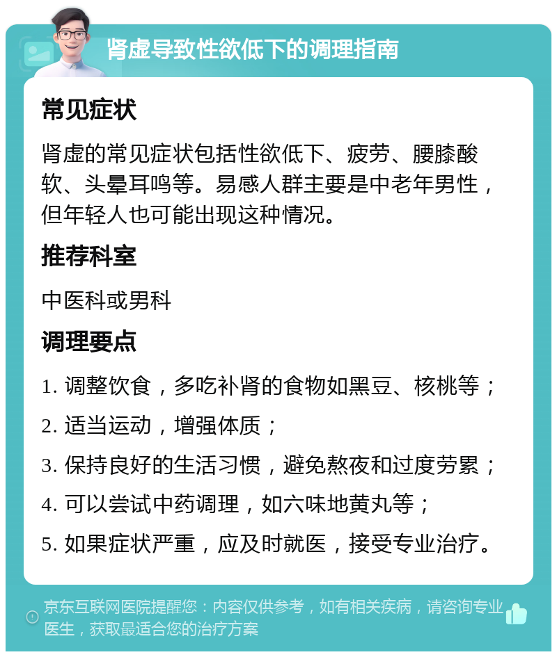 肾虚导致性欲低下的调理指南 常见症状 肾虚的常见症状包括性欲低下、疲劳、腰膝酸软、头晕耳鸣等。易感人群主要是中老年男性，但年轻人也可能出现这种情况。 推荐科室 中医科或男科 调理要点 1. 调整饮食，多吃补肾的食物如黑豆、核桃等； 2. 适当运动，增强体质； 3. 保持良好的生活习惯，避免熬夜和过度劳累； 4. 可以尝试中药调理，如六味地黄丸等； 5. 如果症状严重，应及时就医，接受专业治疗。