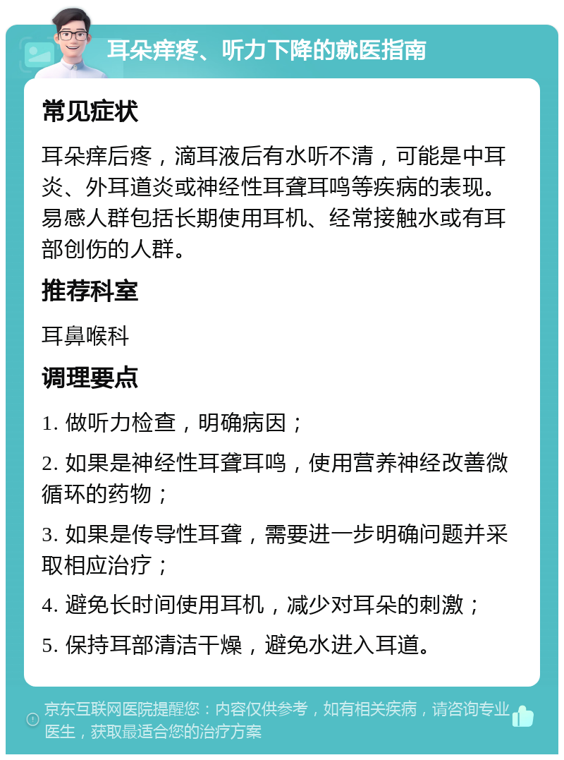 耳朵痒疼、听力下降的就医指南 常见症状 耳朵痒后疼，滴耳液后有水听不清，可能是中耳炎、外耳道炎或神经性耳聋耳鸣等疾病的表现。易感人群包括长期使用耳机、经常接触水或有耳部创伤的人群。 推荐科室 耳鼻喉科 调理要点 1. 做听力检查，明确病因； 2. 如果是神经性耳聋耳鸣，使用营养神经改善微循环的药物； 3. 如果是传导性耳聋，需要进一步明确问题并采取相应治疗； 4. 避免长时间使用耳机，减少对耳朵的刺激； 5. 保持耳部清洁干燥，避免水进入耳道。