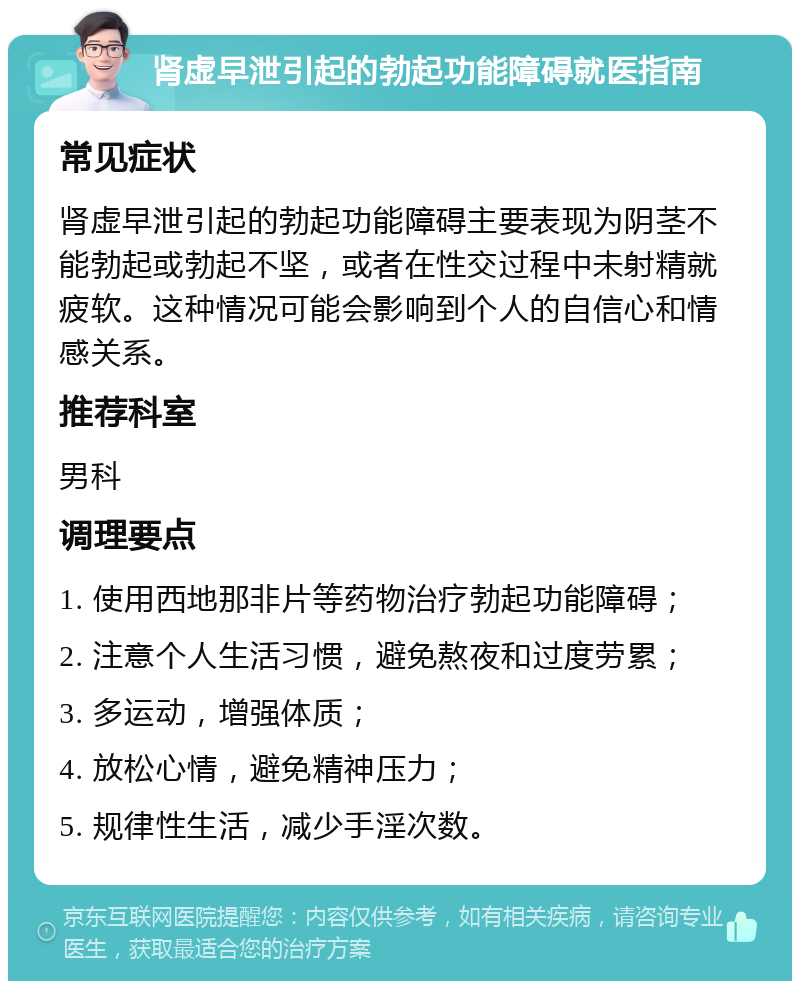 肾虚早泄引起的勃起功能障碍就医指南 常见症状 肾虚早泄引起的勃起功能障碍主要表现为阴茎不能勃起或勃起不坚，或者在性交过程中未射精就疲软。这种情况可能会影响到个人的自信心和情感关系。 推荐科室 男科 调理要点 1. 使用西地那非片等药物治疗勃起功能障碍； 2. 注意个人生活习惯，避免熬夜和过度劳累； 3. 多运动，增强体质； 4. 放松心情，避免精神压力； 5. 规律性生活，减少手淫次数。