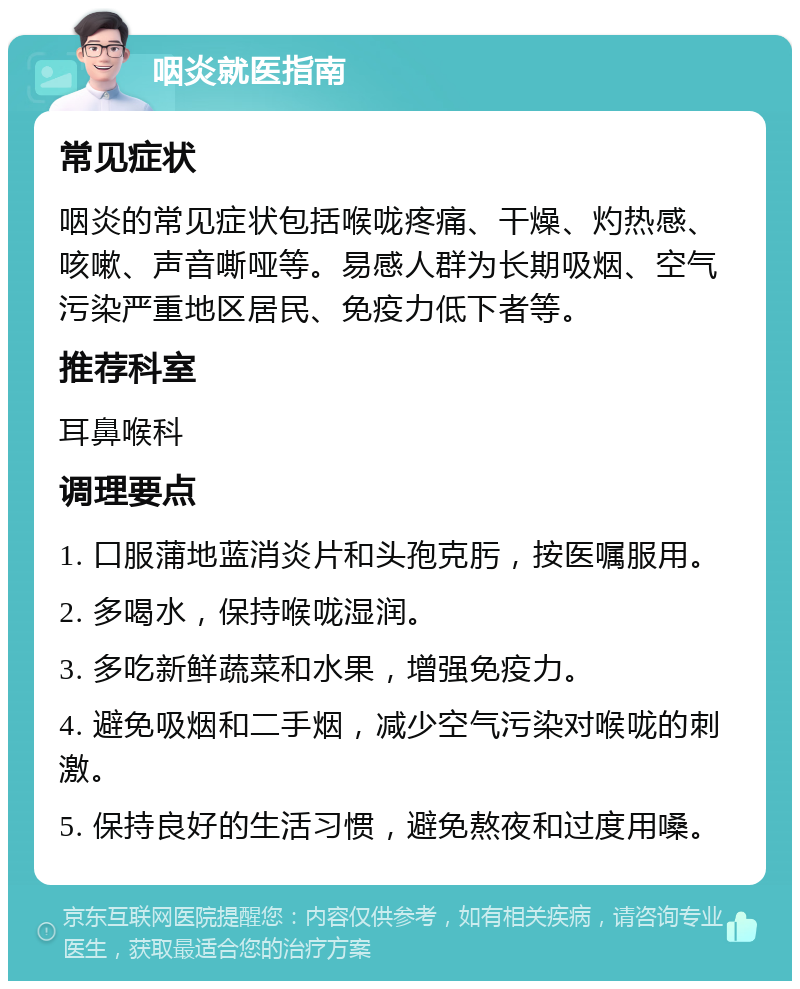 咽炎就医指南 常见症状 咽炎的常见症状包括喉咙疼痛、干燥、灼热感、咳嗽、声音嘶哑等。易感人群为长期吸烟、空气污染严重地区居民、免疫力低下者等。 推荐科室 耳鼻喉科 调理要点 1. 口服蒲地蓝消炎片和头孢克肟，按医嘱服用。 2. 多喝水，保持喉咙湿润。 3. 多吃新鲜蔬菜和水果，增强免疫力。 4. 避免吸烟和二手烟，减少空气污染对喉咙的刺激。 5. 保持良好的生活习惯，避免熬夜和过度用嗓。