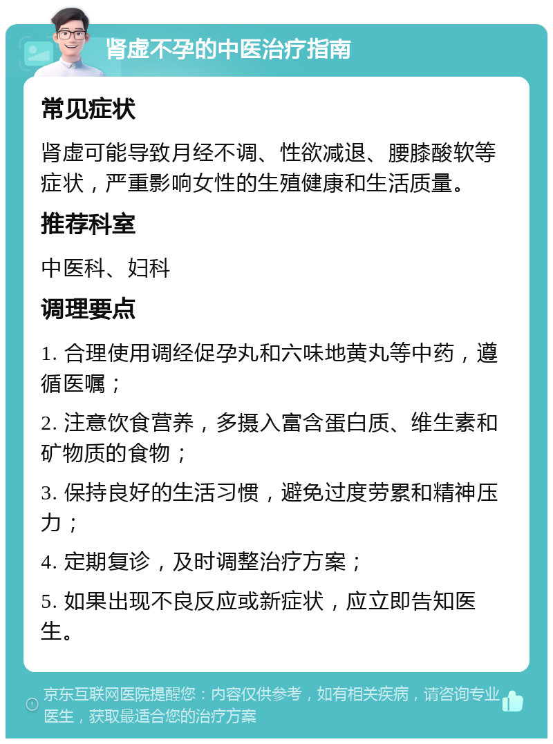 肾虚不孕的中医治疗指南 常见症状 肾虚可能导致月经不调、性欲减退、腰膝酸软等症状，严重影响女性的生殖健康和生活质量。 推荐科室 中医科、妇科 调理要点 1. 合理使用调经促孕丸和六味地黄丸等中药，遵循医嘱； 2. 注意饮食营养，多摄入富含蛋白质、维生素和矿物质的食物； 3. 保持良好的生活习惯，避免过度劳累和精神压力； 4. 定期复诊，及时调整治疗方案； 5. 如果出现不良反应或新症状，应立即告知医生。