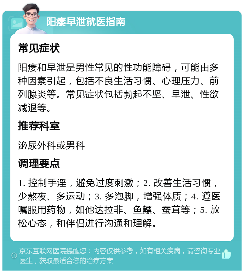 阳痿早泄就医指南 常见症状 阳痿和早泄是男性常见的性功能障碍，可能由多种因素引起，包括不良生活习惯、心理压力、前列腺炎等。常见症状包括勃起不坚、早泄、性欲减退等。 推荐科室 泌尿外科或男科 调理要点 1. 控制手淫，避免过度刺激；2. 改善生活习惯，少熬夜、多运动；3. 多泡脚，增强体质；4. 遵医嘱服用药物，如他达拉非、鱼鳔、蚕茸等；5. 放松心态，和伴侣进行沟通和理解。