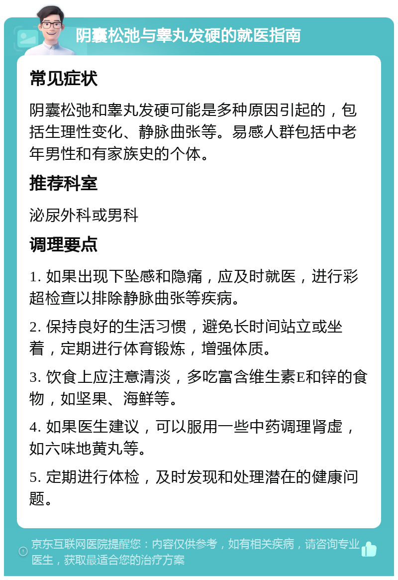 阴囊松弛与睾丸发硬的就医指南 常见症状 阴囊松弛和睾丸发硬可能是多种原因引起的，包括生理性变化、静脉曲张等。易感人群包括中老年男性和有家族史的个体。 推荐科室 泌尿外科或男科 调理要点 1. 如果出现下坠感和隐痛，应及时就医，进行彩超检查以排除静脉曲张等疾病。 2. 保持良好的生活习惯，避免长时间站立或坐着，定期进行体育锻炼，增强体质。 3. 饮食上应注意清淡，多吃富含维生素E和锌的食物，如坚果、海鲜等。 4. 如果医生建议，可以服用一些中药调理肾虚，如六味地黄丸等。 5. 定期进行体检，及时发现和处理潜在的健康问题。