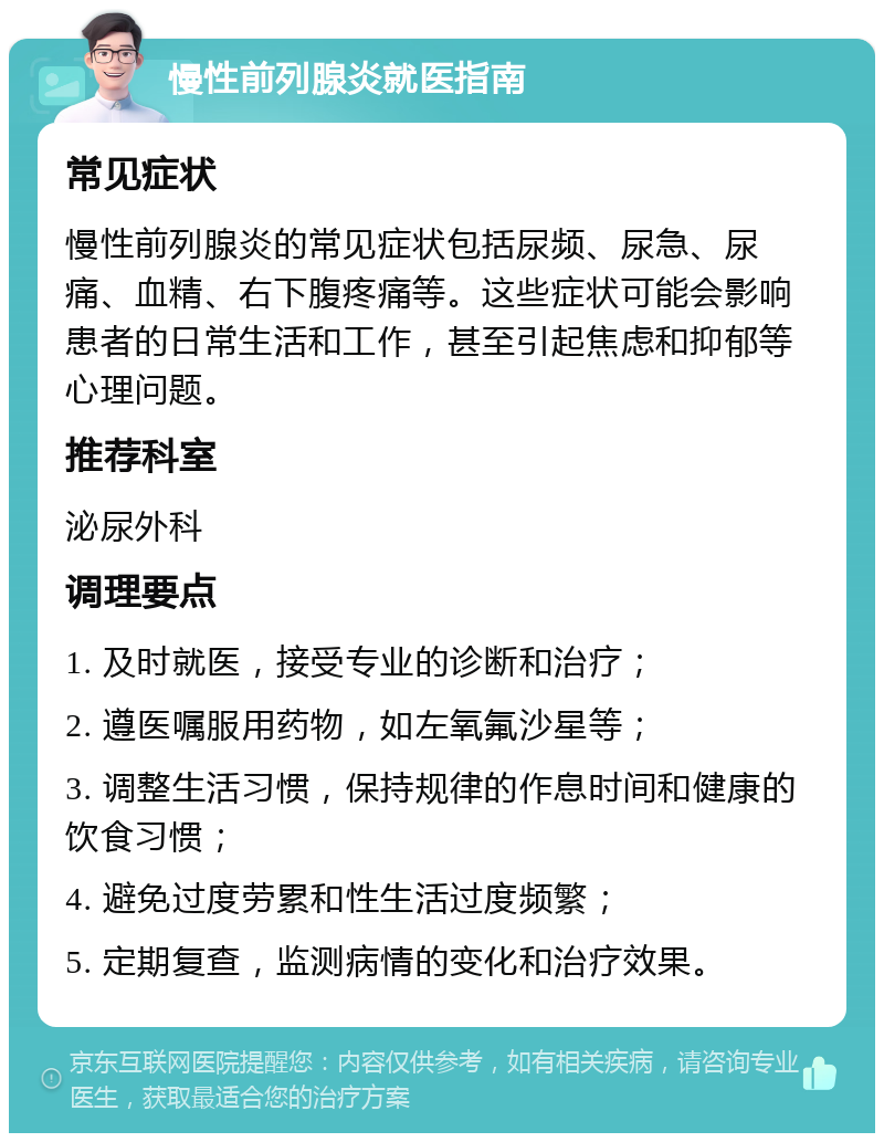 慢性前列腺炎就医指南 常见症状 慢性前列腺炎的常见症状包括尿频、尿急、尿痛、血精、右下腹疼痛等。这些症状可能会影响患者的日常生活和工作，甚至引起焦虑和抑郁等心理问题。 推荐科室 泌尿外科 调理要点 1. 及时就医，接受专业的诊断和治疗； 2. 遵医嘱服用药物，如左氧氟沙星等； 3. 调整生活习惯，保持规律的作息时间和健康的饮食习惯； 4. 避免过度劳累和性生活过度频繁； 5. 定期复查，监测病情的变化和治疗效果。