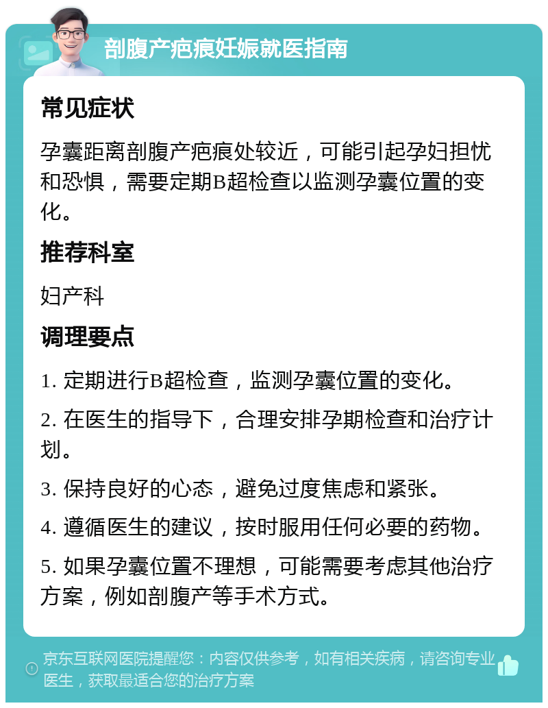 剖腹产疤痕妊娠就医指南 常见症状 孕囊距离剖腹产疤痕处较近，可能引起孕妇担忧和恐惧，需要定期B超检查以监测孕囊位置的变化。 推荐科室 妇产科 调理要点 1. 定期进行B超检查，监测孕囊位置的变化。 2. 在医生的指导下，合理安排孕期检查和治疗计划。 3. 保持良好的心态，避免过度焦虑和紧张。 4. 遵循医生的建议，按时服用任何必要的药物。 5. 如果孕囊位置不理想，可能需要考虑其他治疗方案，例如剖腹产等手术方式。